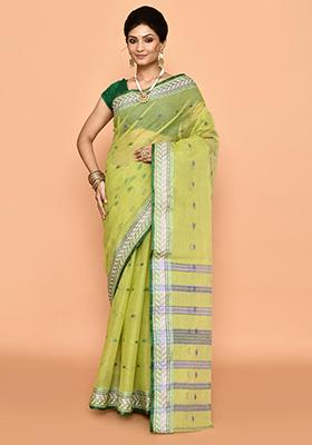 Light Green Buti Work Cotton Saree (Without Blouse)
