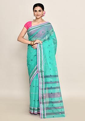 Sea Green Buti Work Cotton Saree (Without Blouse)