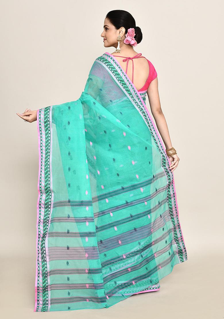 Sea Green Buti Work Cotton Saree (Without Blouse)