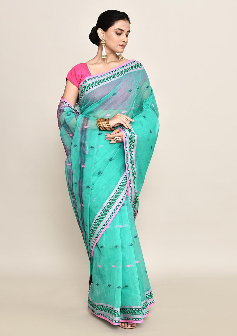 Sea Green Buti Work Cotton Saree (Without Blouse)