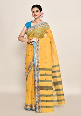 Mustard Yellow Buti Work Cotton Saree (Without Blouse)