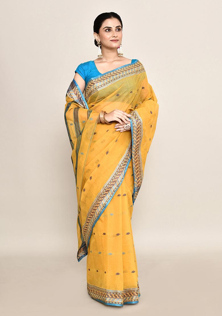 Mustard Yellow Buti Work Cotton Saree (Without Blouse)