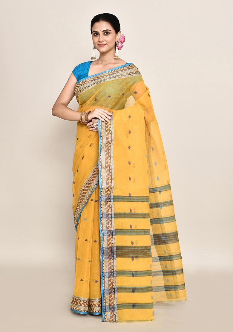 Mustard Yellow Buti Work Cotton Saree (Without Blouse)
