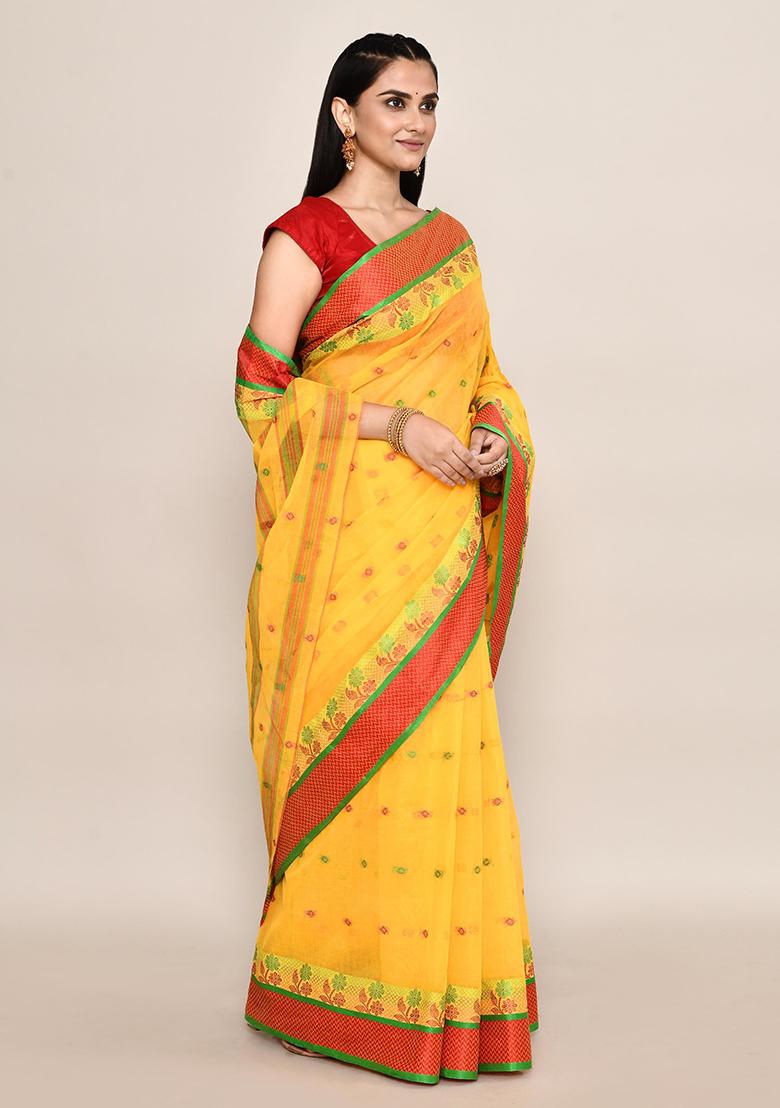 Yellow Buti Work Cotton Saree (Without Blouse)