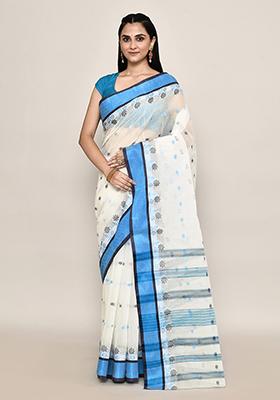 White Buti Work Cotton Saree (Without Blouse)