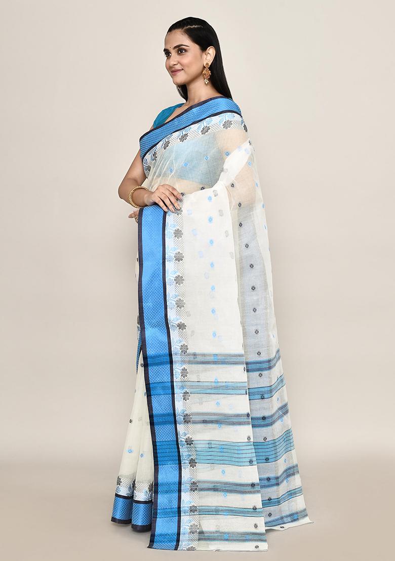 White Buti Work Cotton Saree (Without Blouse)