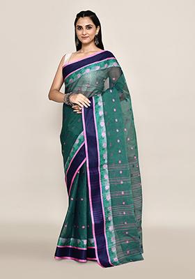 Green Buti Work Cotton Saree (Without Blouse)