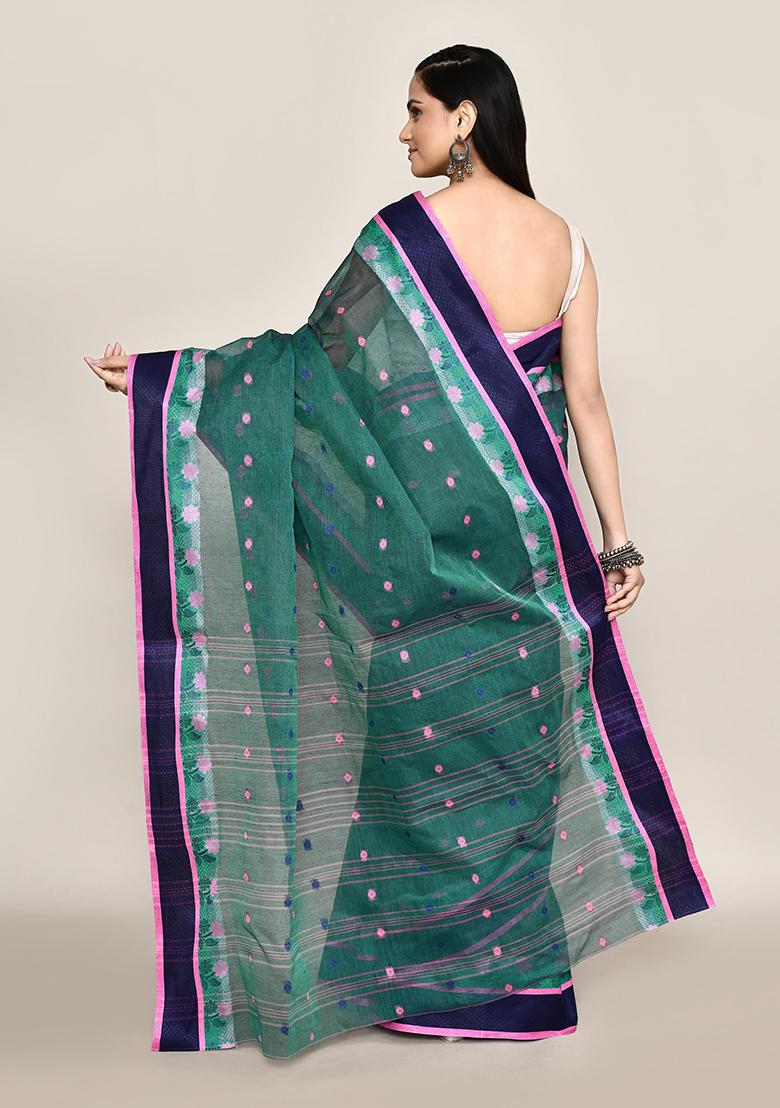 Green Buti Work Cotton Saree (Without Blouse)
