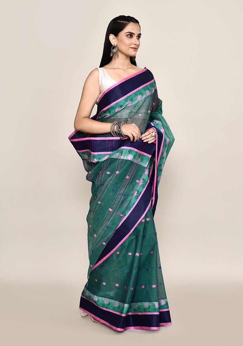 Green Buti Work Cotton Saree (Without Blouse)