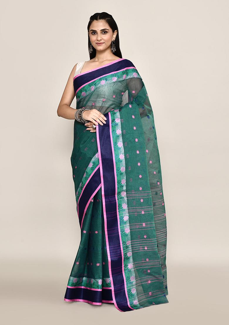 Green Buti Work Cotton Saree (Without Blouse)
