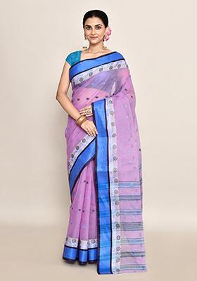 Lavender Buti Work Cotton Saree (Without Blouse)