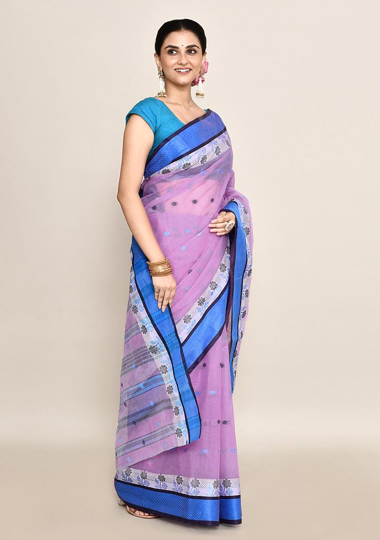 Lavender Buti Work Cotton Saree (Without Blouse)
