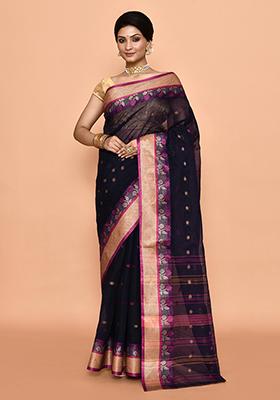 Blue Buti Work Cotton Saree (Without Blouse)
