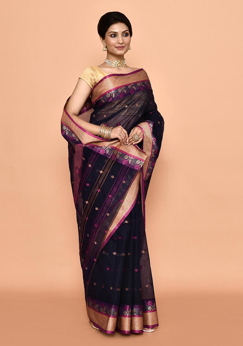 Blue Buti Work Cotton Saree (Without Blouse)
