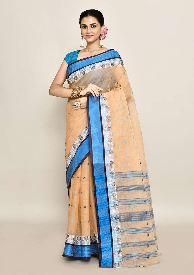 Beige Buti Work Cotton Saree (Without Blouse) - Indya
