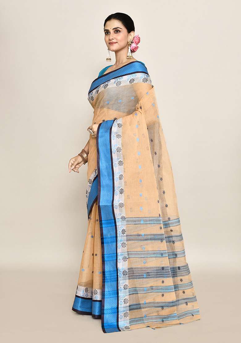 Beige Buti Work Cotton Saree (Without Blouse) - Indya