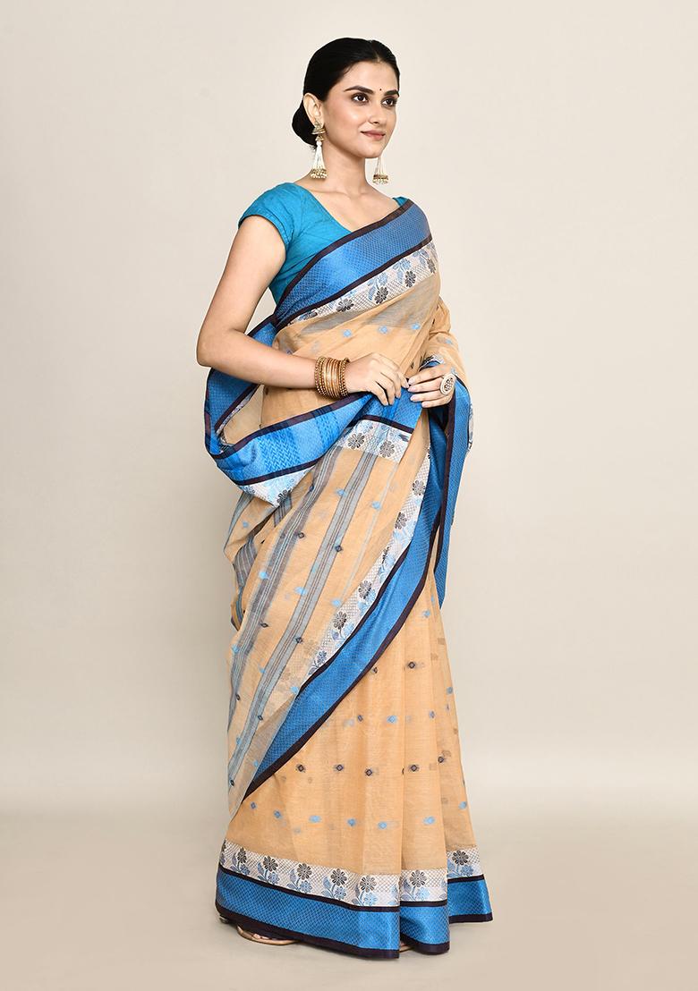 Beige Buti Work Cotton Saree (Without Blouse)