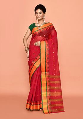 Red Buti Work Cotton Saree (Without Blouse)
