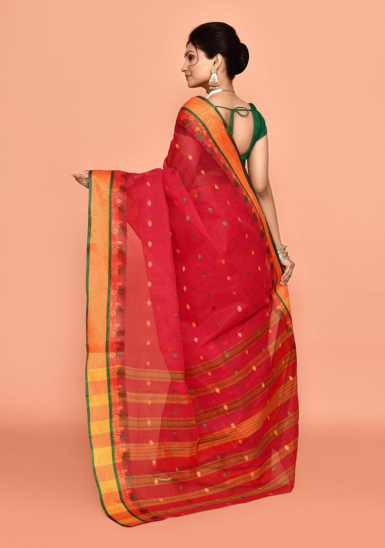 Red Buti Work Cotton Saree (Without Blouse)