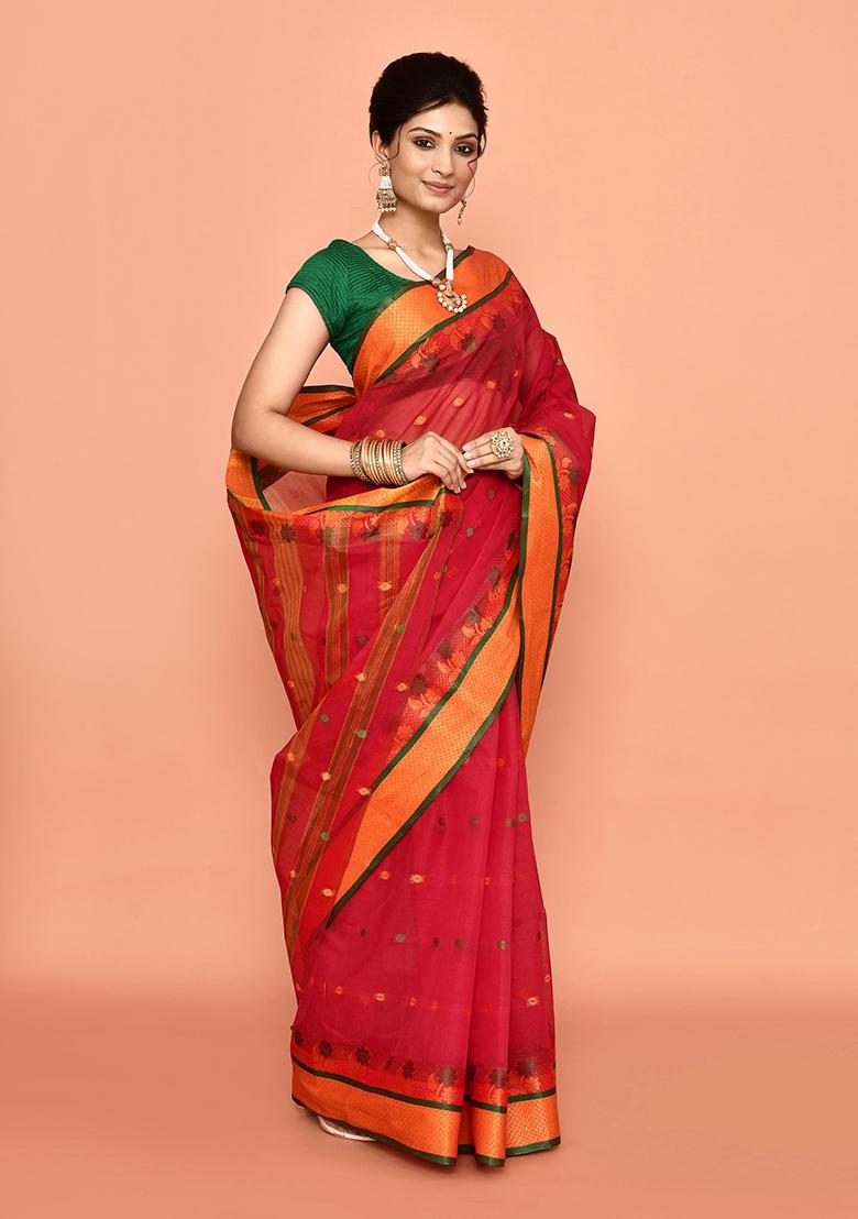 Red Buti Work Cotton Saree (Without Blouse)