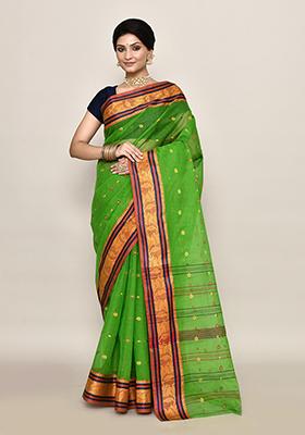 Green Buti Work Cotton Saree (Without Blouse)