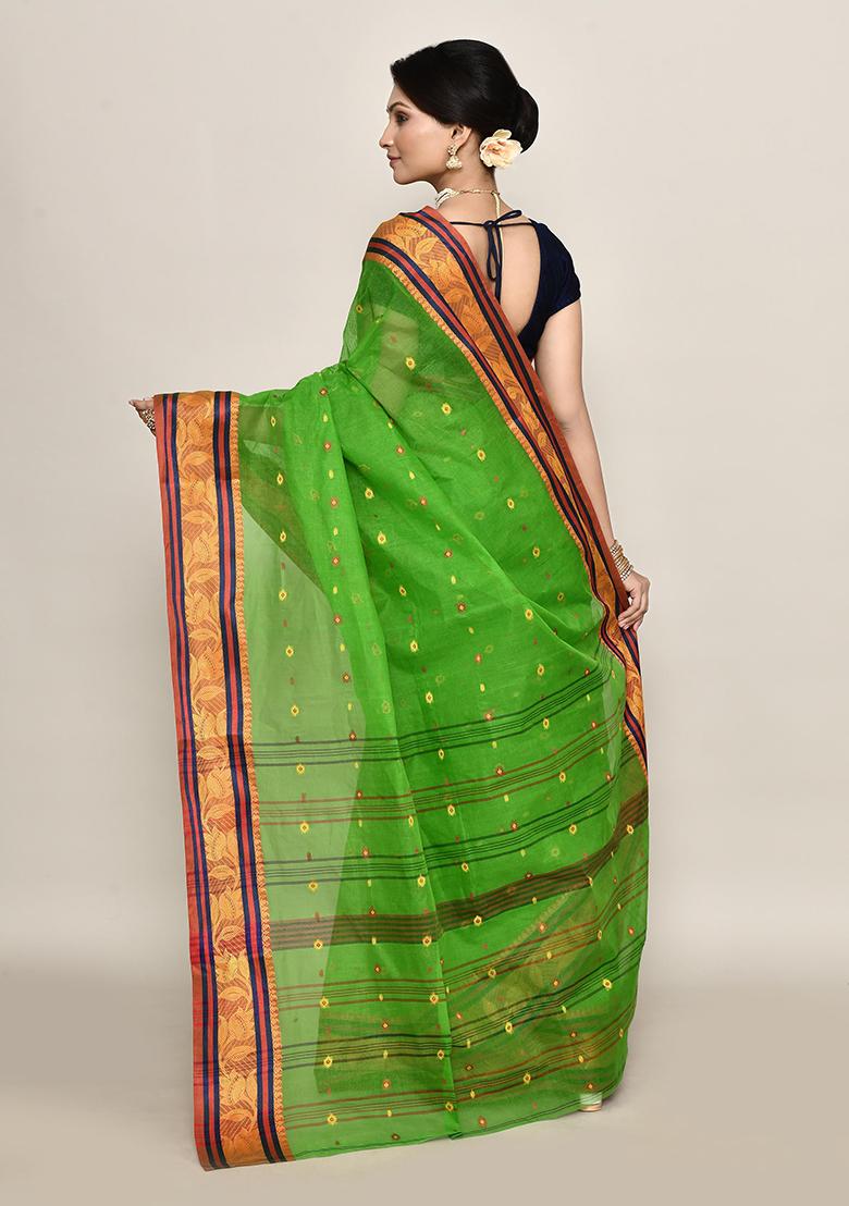 Green Buti Work Cotton Saree (Without Blouse)