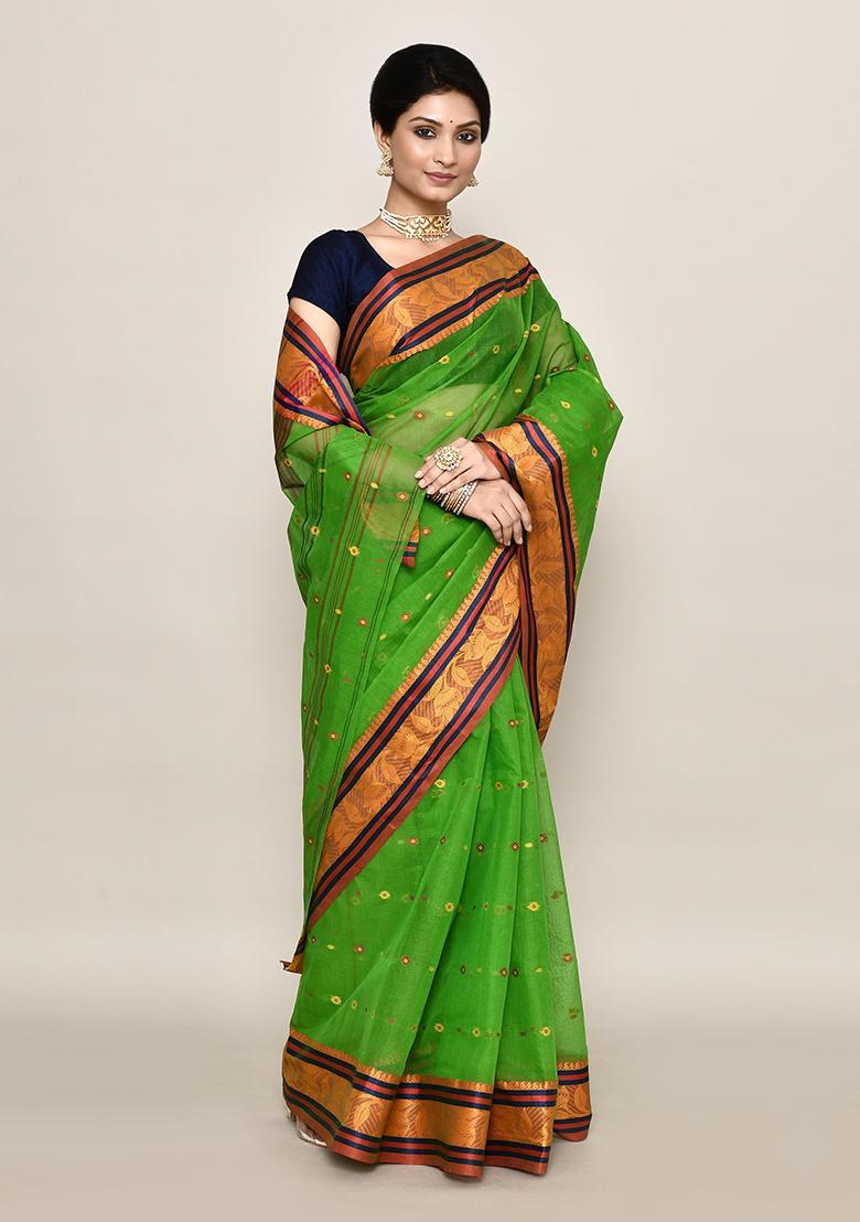 Green Buti Work Cotton Saree (Without Blouse)