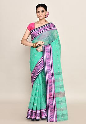 Sea Green Buti Work Cotton Saree (Without Blouse)