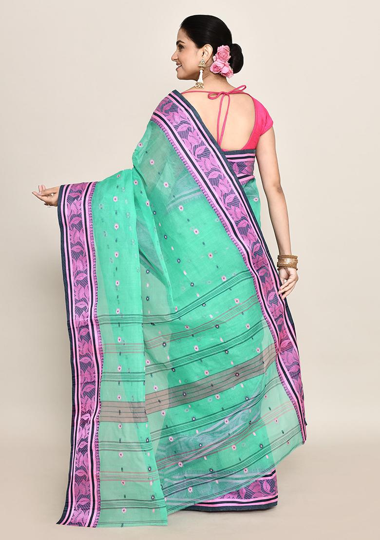 Sea Green Buti Work Cotton Saree (Without Blouse)