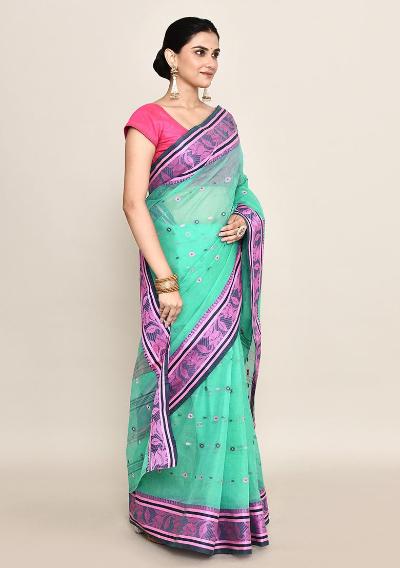 Sea Green Buti Work Cotton Saree (Without Blouse)