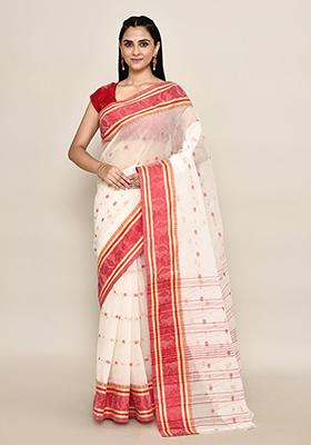 Off White Buti Work Cotton Saree (Without Blouse)