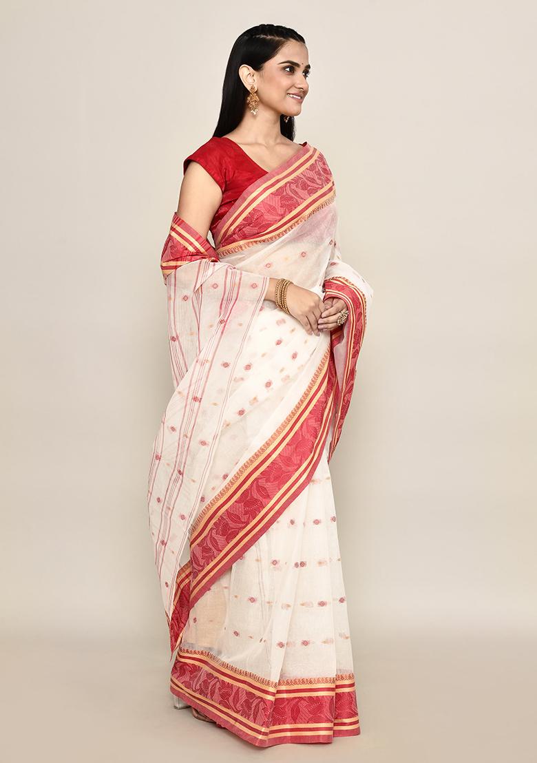 Off White Buti Work Cotton Saree (Without Blouse)