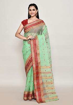 Sea Green Buti Work Cotton Saree (Without Blouse)