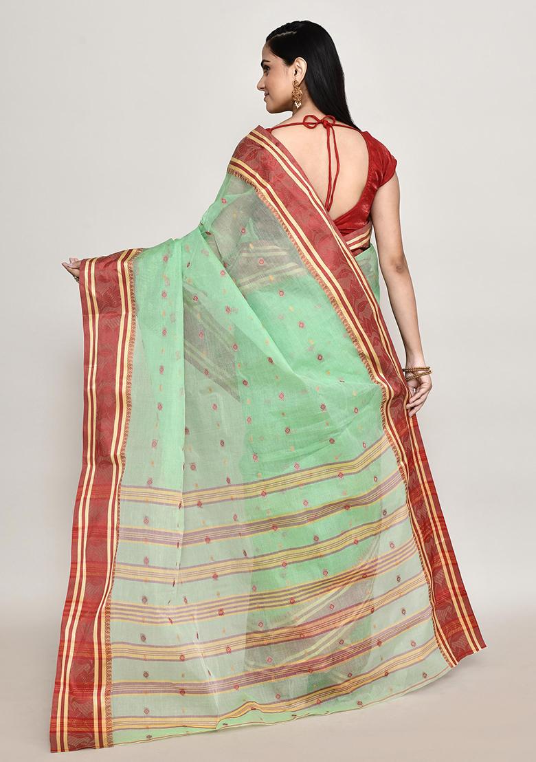 Sea Green Buti Work Cotton Saree (Without Blouse)