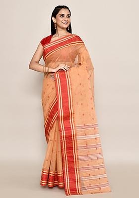 Beige Buti Work Cotton Saree (Without Blouse)