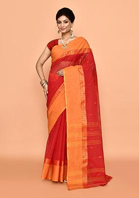 Red Buti Work Cotton Saree (Without Blouse)