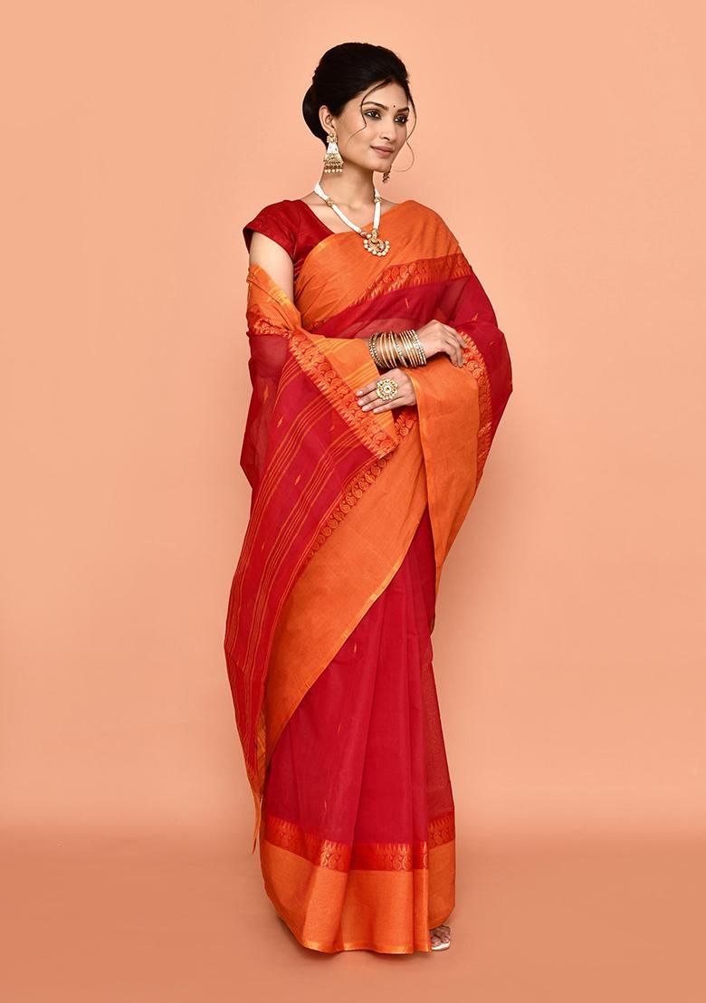 Red Buti Work Cotton Saree (Without Blouse)