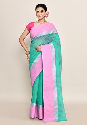 Sea Green Buti Work Cotton Saree (Without Blouse)