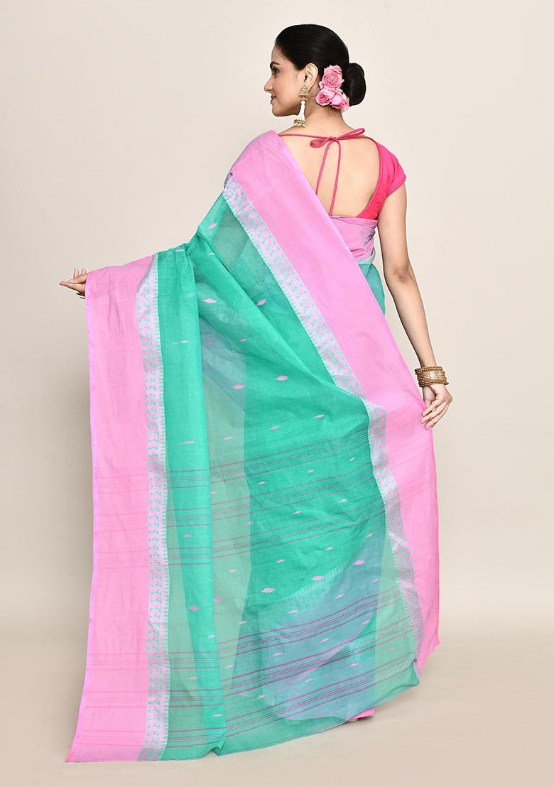 Sea Green Buti Work Cotton Saree (Without Blouse)