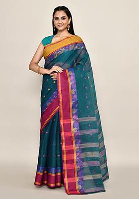 Teal Blue Buti Work Cotton Saree (Without Blouse)