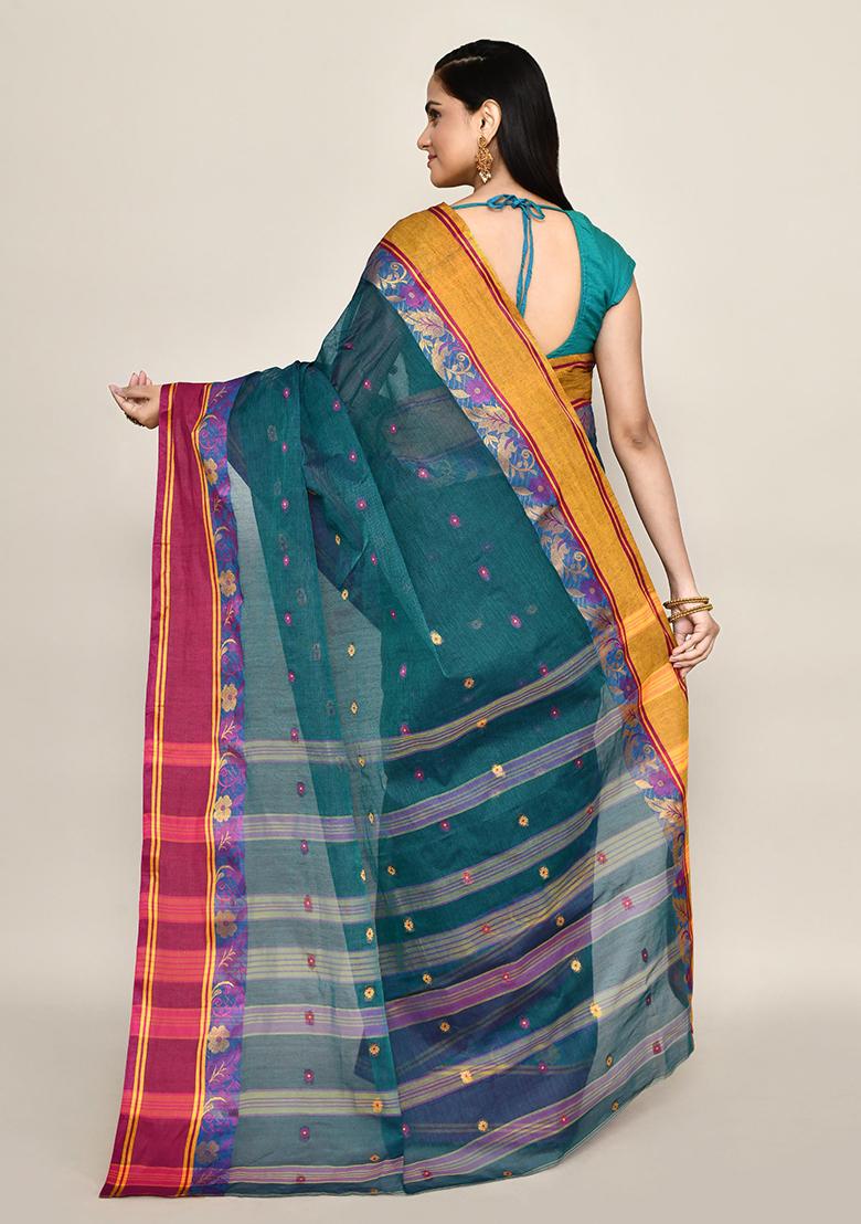 Teal Blue Buti Work Cotton Saree (Without Blouse)