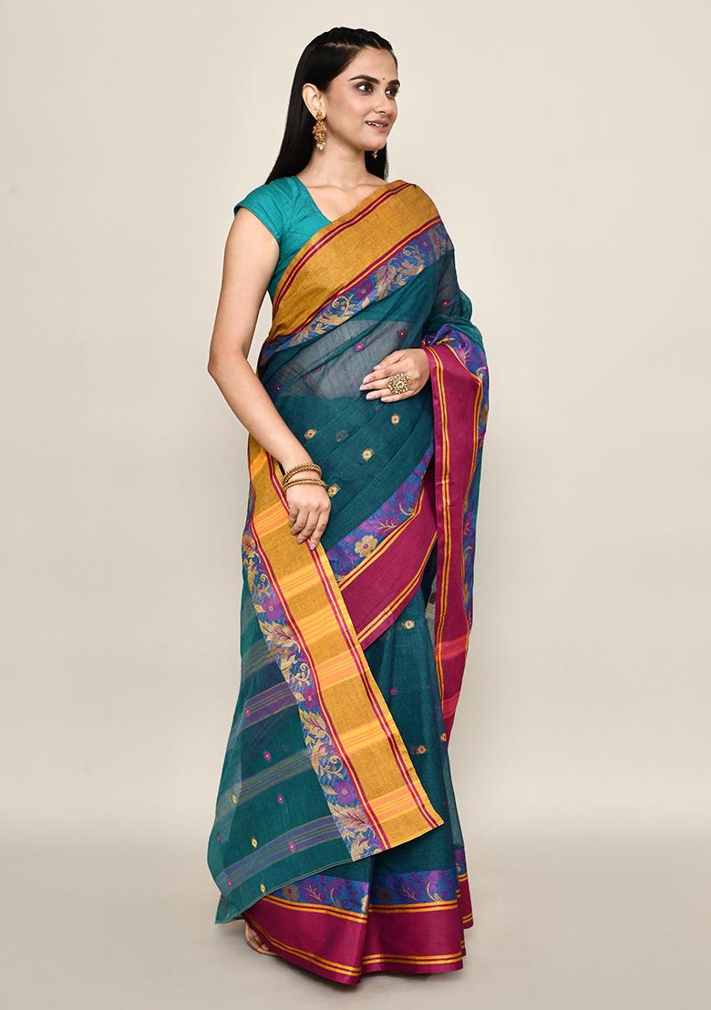 Teal Blue Buti Work Cotton Saree (Without Blouse)