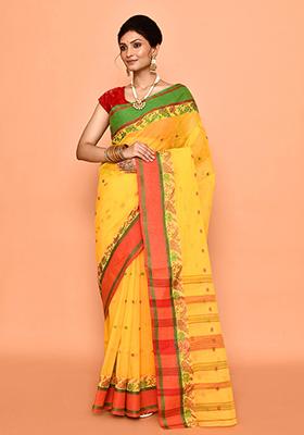 Yellow Buti Work Cotton Saree (Without Blouse)