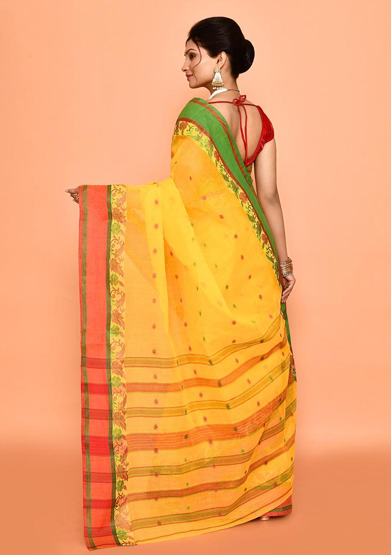 Yellow Buti Work Cotton Saree (Without Blouse)