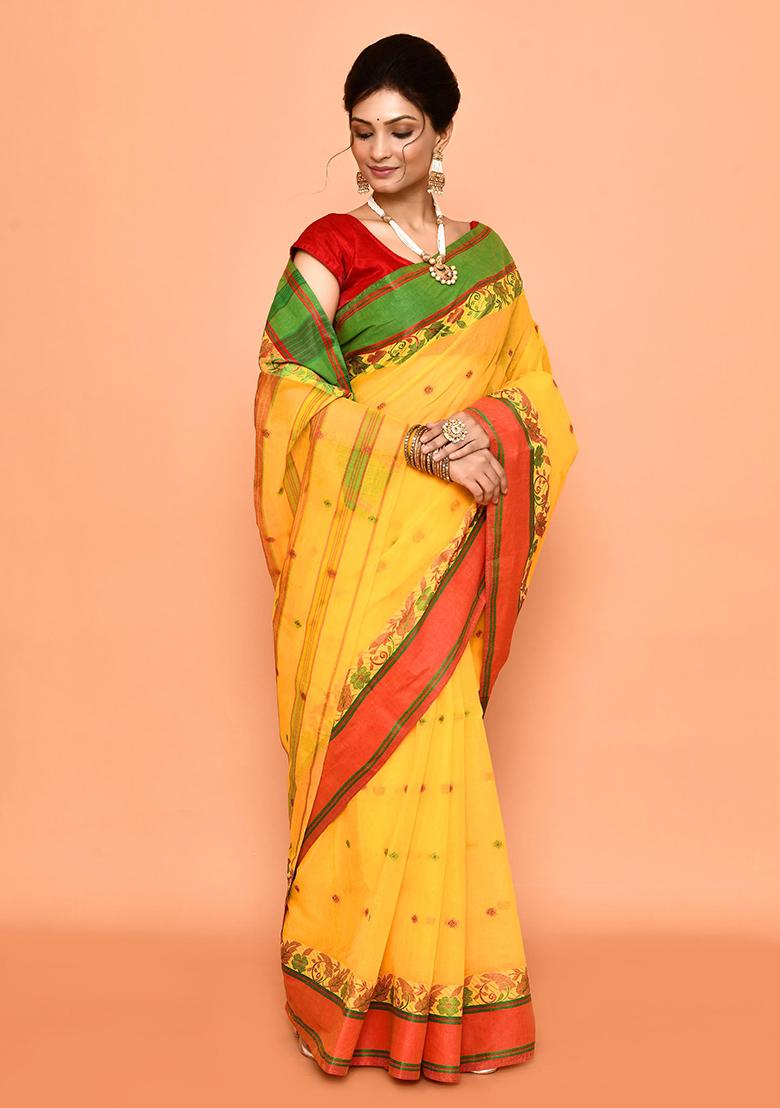 Yellow Buti Work Cotton Saree (Without Blouse)