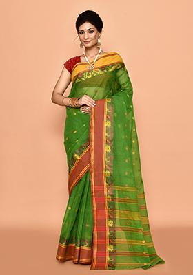 Green Buti Work Cotton Saree (Without Blouse)