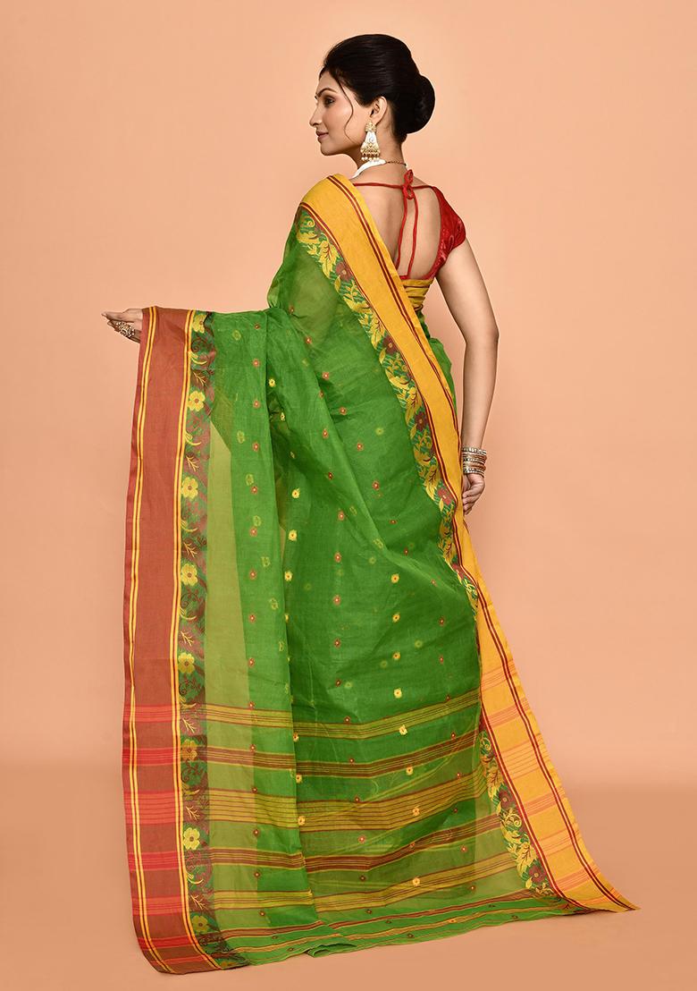 Green Buti Work Cotton Saree (Without Blouse)