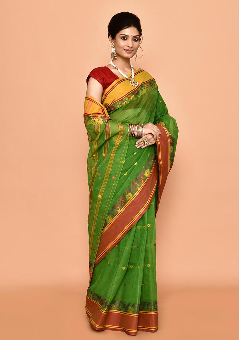 Green Buti Work Cotton Saree (Without Blouse)