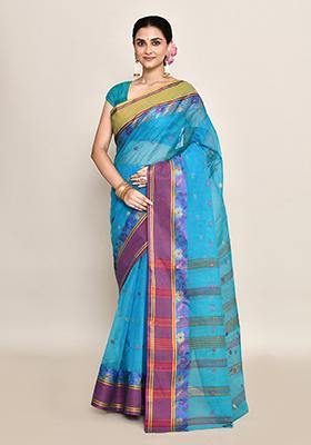 Blue Buti Work Cotton Saree (Without Blouse)