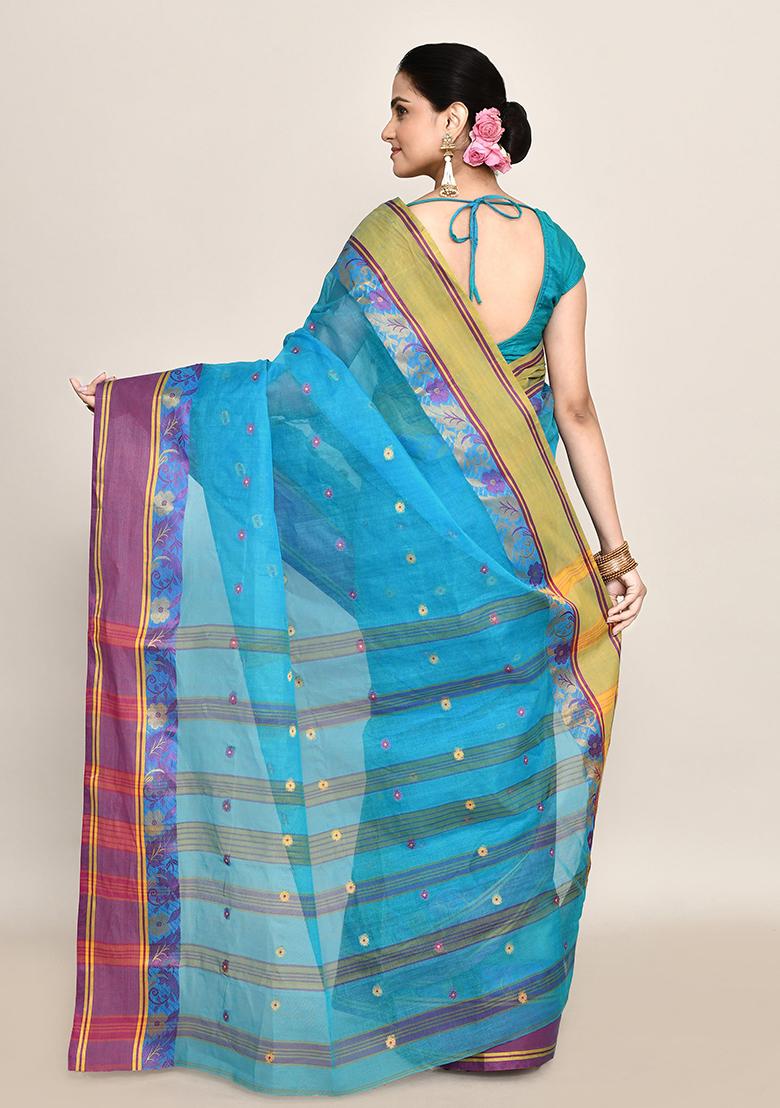 Blue Buti Work Cotton Saree (Without Blouse)